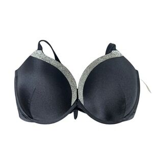 Victorias Secret Black Satin Bikini Top Rhinestone Bow Tie Back‎ 36DDD NWT